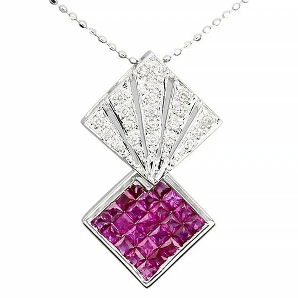 18K WG RUBY DIAMOND NECKLACE: 18K WG Ruby Diamond Necklace Brand: Unbranded Type/Style: Necklace Material: K18WG, Main Stone/Creation Ruby Color: WG Size: Length: Approx. 45.5cm Top: Approximately W15mm x H25mm Accessories: None