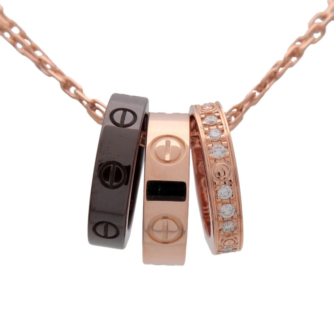 CARTIER LOVE THREE HOOP DIAMOND NECKLACE: Cartier Love Three Hoop Diamond Necklace Brand: Cartier Type/Style: Necklace Material: 750PG Black Ceramic Color: PG Size: W: 10.7 mm H: 10.7 mm D: 1.3 mm Chain Length (Neck Circumference): 41.5 cm