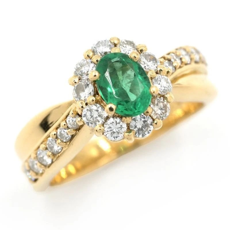 NATURAL EMERALD FLOWER RING 18K YG DIAMOND (1 of 3)