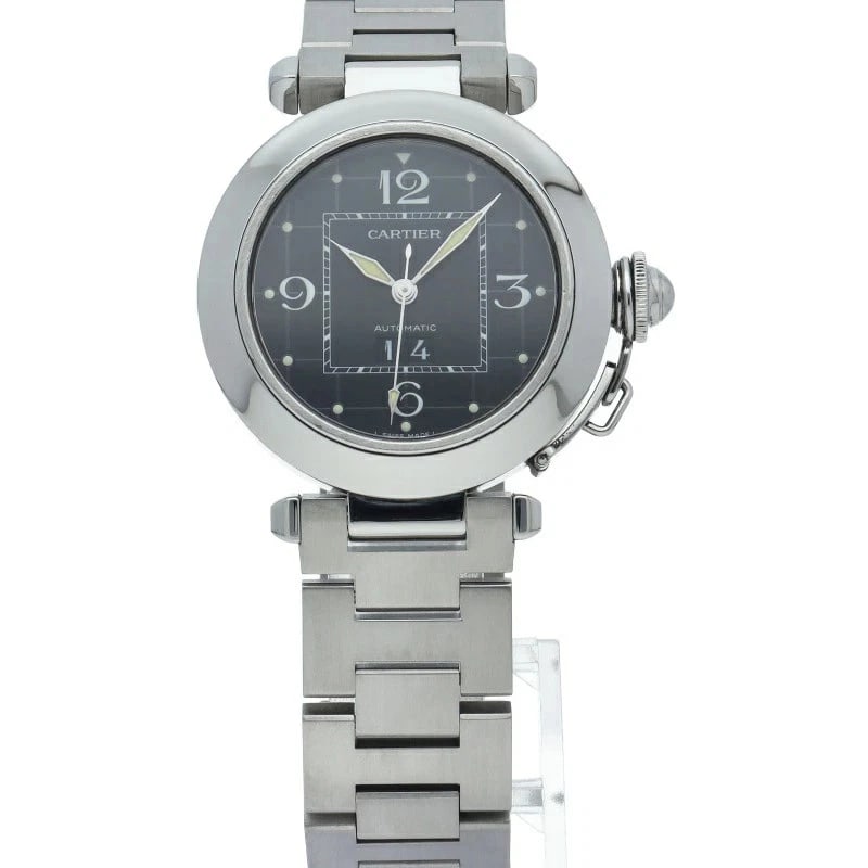 CARTIER PASHA BIG DATE WATCH STAINLESS STEEL BLACK WATCH: Cartier Pasha Big Date Watch Stainless Steel Black Watch Brand: Cartier Type: Wristwatch Material: Stainless Steel Color: Dial color Black Size: Case diameter (H) approx. 35mm Case diameter (W)