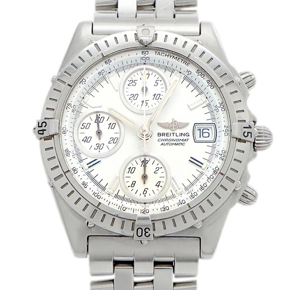 BREITLING CHRONOMAT CHRONOGRAPH WHITE AUTOMATIC WATCH: BREITLING Chronomat Chronograph White Automatic Watch Brand: BREITLING Type: Wristwatch Material: Stainless Steel Color: Dial color white Size: Arm circumference approx. 17cm Case approx. 40.3mm