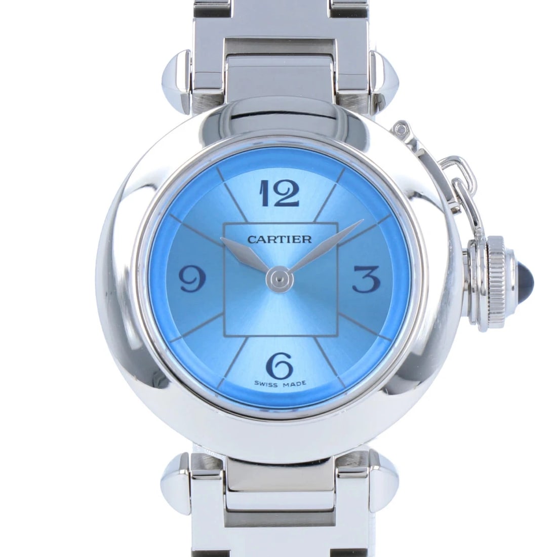 CARTIER MISS PASHA BLUE DIAL QUARTZ WATCH: Cartier Miss Pasha Blue Dial Quartz Watch Brand: Cartier Type: Wristwatch Material: Stainless Steel Color: Dial color blue Size: Size case: approx. 27mm Arm circumference: approx. 15.5cm Accessories: