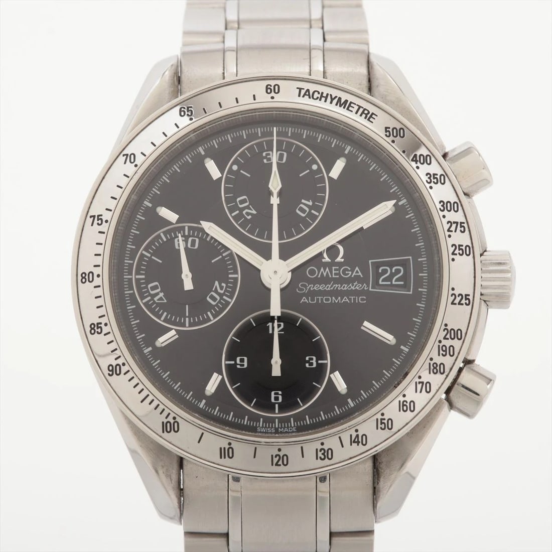 OMEGA SPEEDMASTER DATE BLACK DIAL WATCH: Omega Speedmaster Date Black Dial Watch Brand: OMEGA Type: Wristwatch Material: Stainless Steel Color: Dial color black Size: Case side: approx. 39 Arm circumference: approx. 15.5 Accessories: None