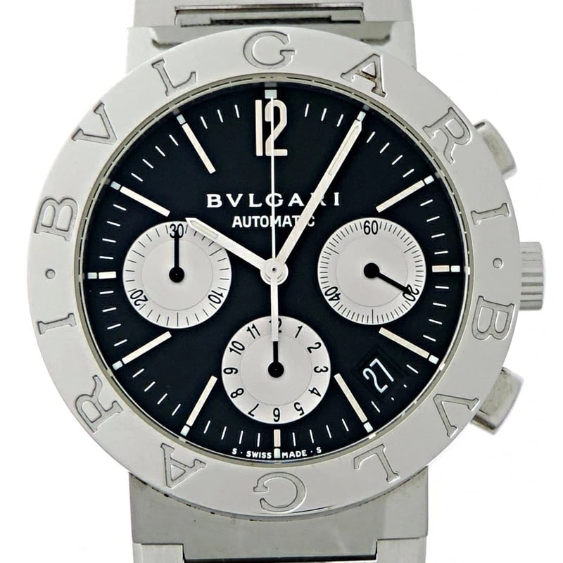 BVLGARI CHRONOGRAPH WATCH: BVLGARI Chronograph Watch Brand: BVLGARI Type: Wristwatch Material: Stainless Steel Color: Dial color black Size: Size case: approx. 38mm Arm circumference: approx. 17.8cm Accessories: None