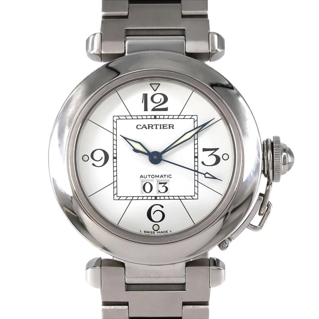CARTIER PASHA C GRANDE DATE AUTOMATIC WATCH WHITE WATCH: Cartier Pasha C Grande Date Automatic Watch White Watch Brand: Cartier Type: Wristwatch Material: Stainless Steel Color: Dial color white Size: Case diameter: 35mm Maximum arm circumference: 18cm