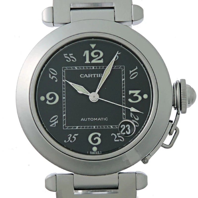 CARTIER PASHA AUTOMATIC BLACK WRIST WATCH: Cartier Pasha Automatic Black Wrist Watch Brand: Cartier Type: Wristwatch Material: Stainless Steel Color: Dial color black Size: case: approx. 35mm Arm circumference: approx. 18.5cm Accessories: