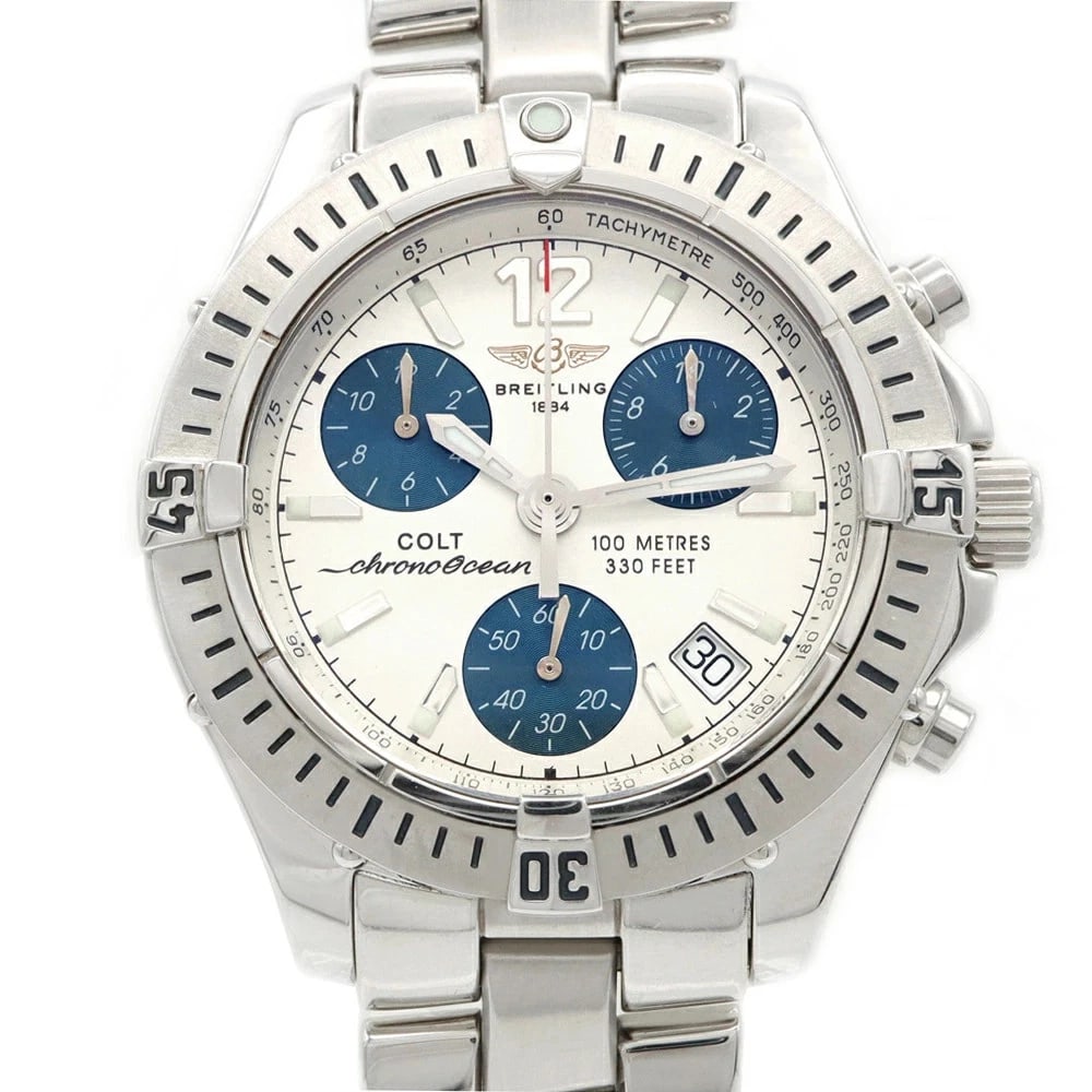 BREITLING COLT CHRONO OCEAN CHRONOGRAPH DATE SILVER WATCH: BREITLING Colt Chrono Ocean Chronograph Date Silver Watch Brand: BREITLING Type: Wristwatch Material: Stainless Steel Color: Dial color white Size: Case diameter: Approximately 38 mm (excluding crown)