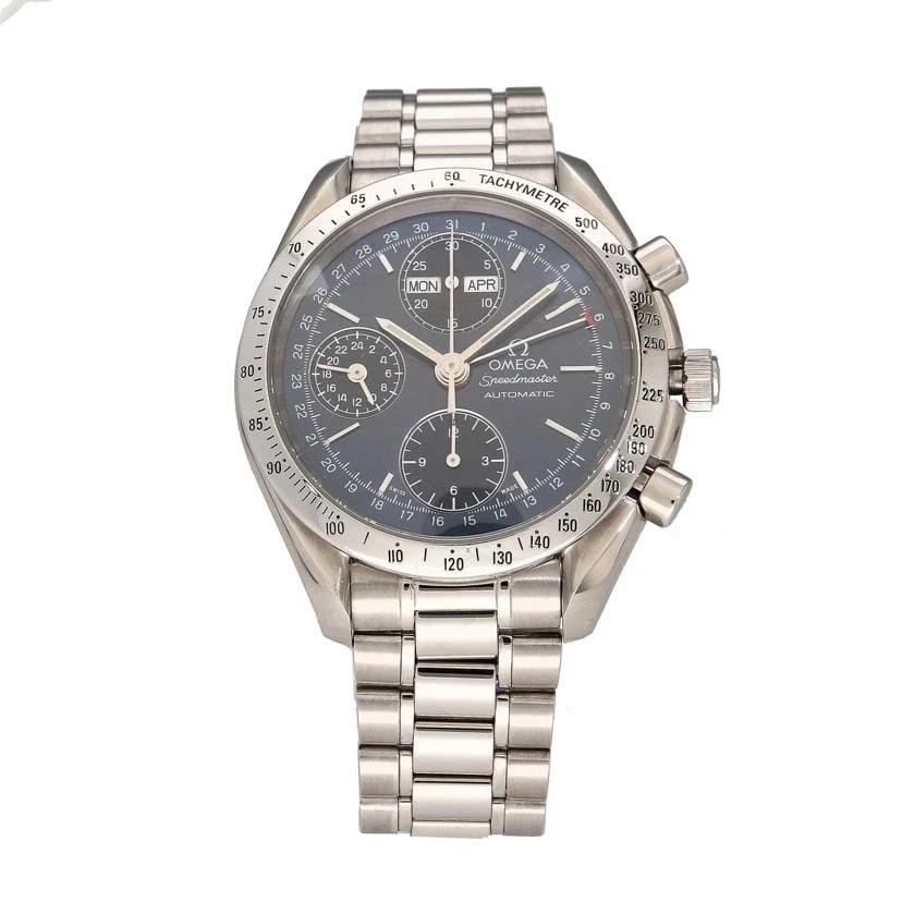 OMEGA SPEEDMASTER CHRONOGRAPH TRIPLE CALENDAR WATCH: OMEGA Speedmaster Chronograph Triple Calendar Watch Brand: OMEGA Type: Wristwatch Material: Stainless Steel Color: Dial color blue Size: -Case diameter: approx. 39mm-Arm circumference: maximum