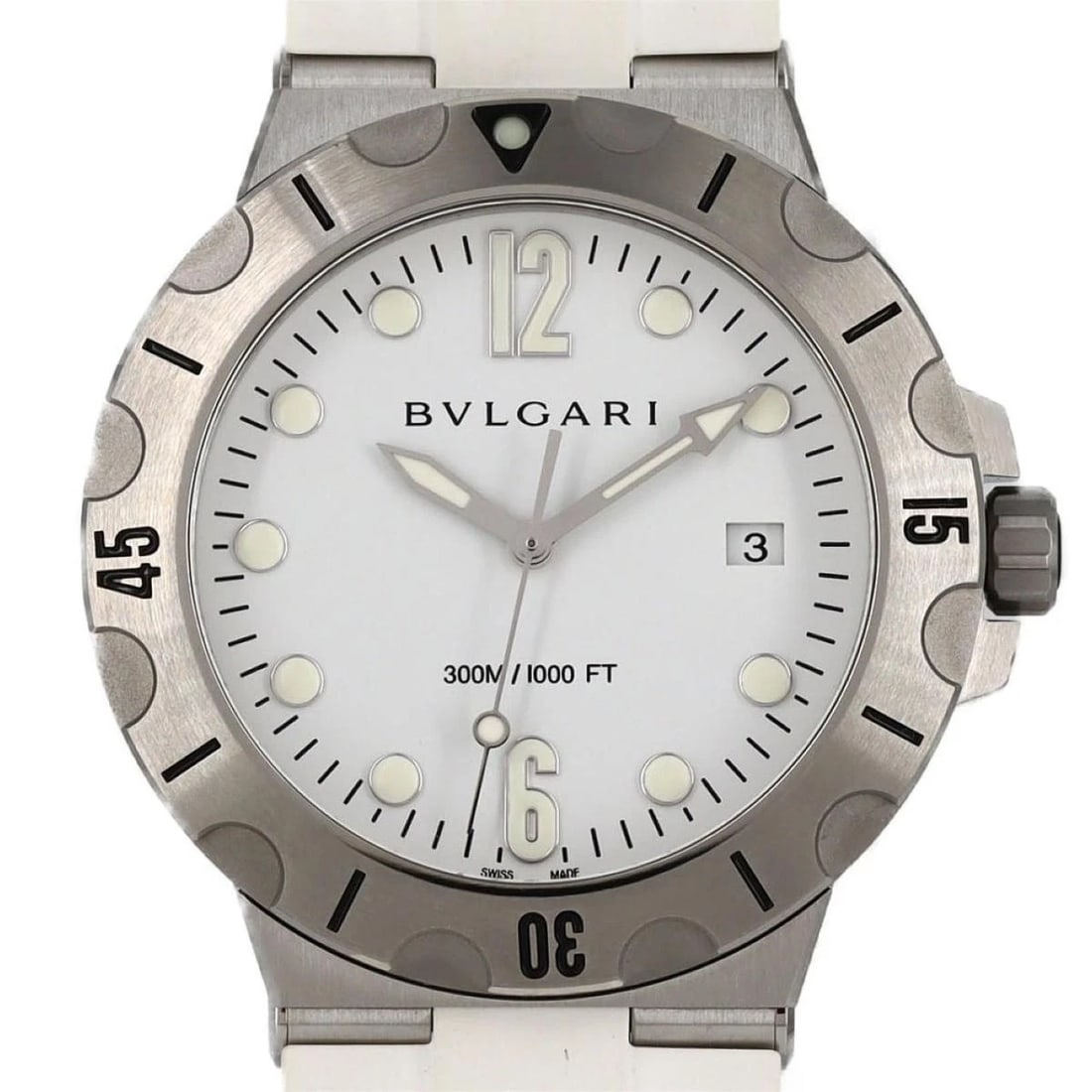 BVLGARI DIAGONO SCUBA AUTOMATIC WATCH: BVLGARI Diagono Scuba Automatic Watch Brand: BVLGARI Type: Wristwatch Material: ss rubber Color: Dial color white Size: Case diameter approx.: 41mm Accessories: None Accessories Notice: Wh