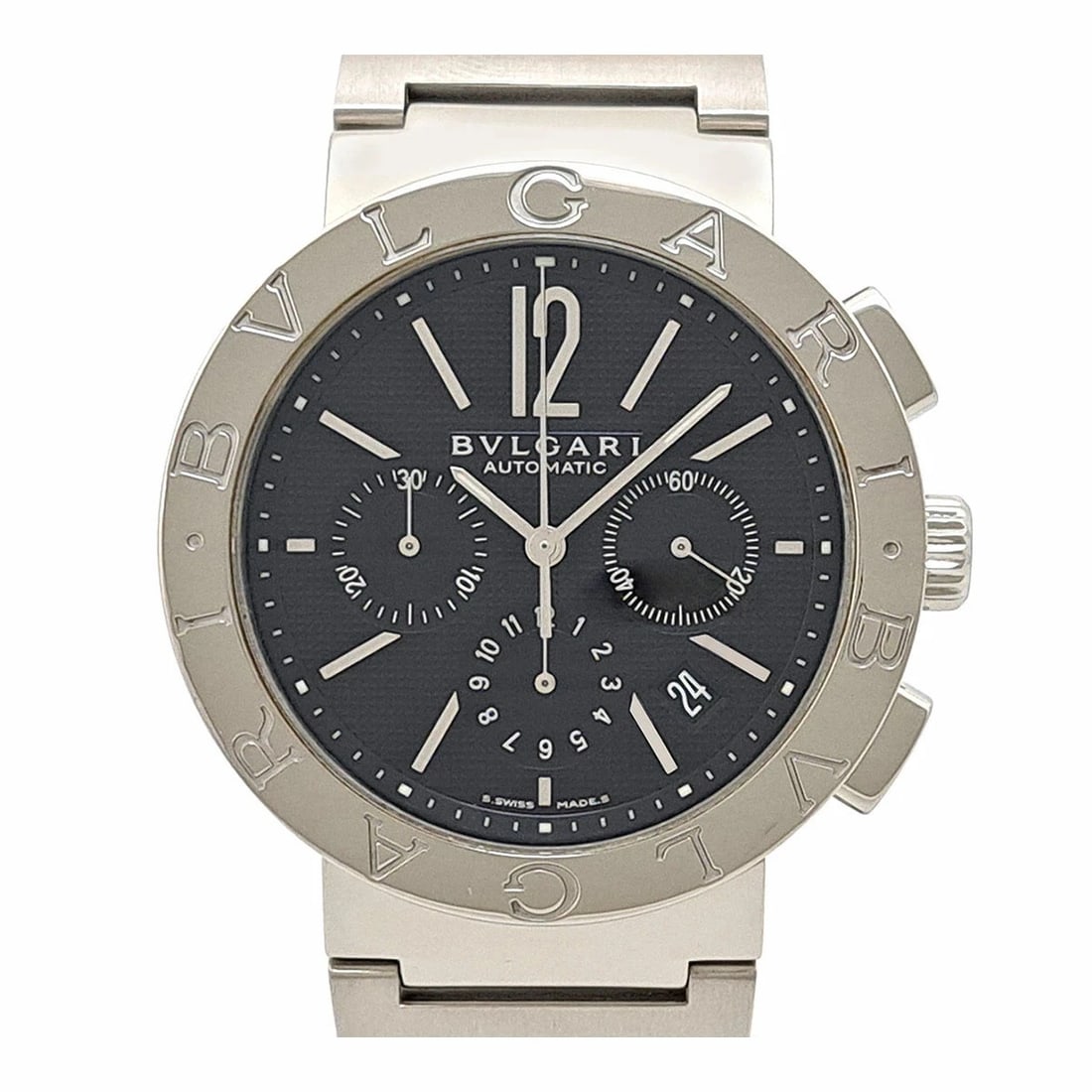 BVLGARI CHRONOGRAPH AUTOMATIC WATCH: BVLGARI Chronograph Automatic Watch Brand: BVLGARI Type: Wristwatch Material: Stainless Steel Color: Dial color BLACK Size: Case size approximately 42mm Arm circumference approx. 20cm Accessories:
