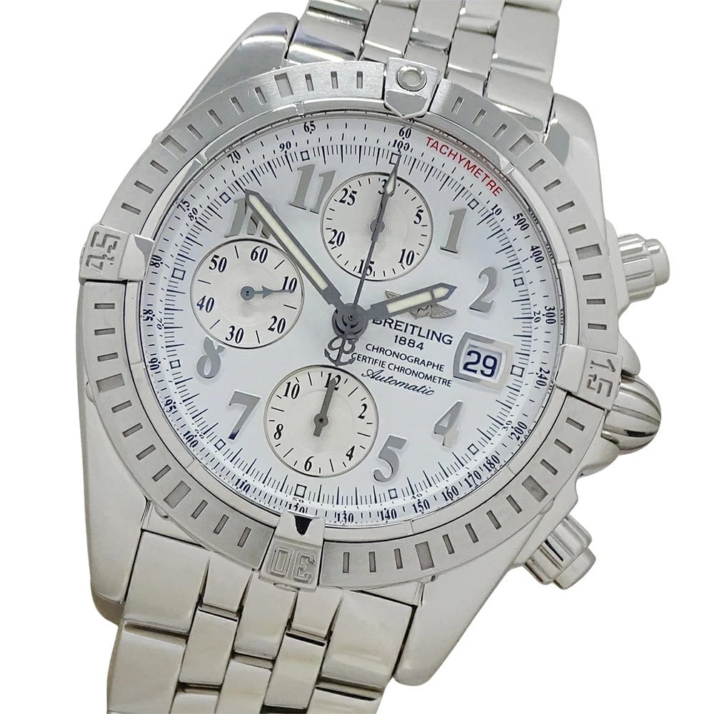 BREITLING CHRONOMAT EVOLUTION WATCH DATE AUTOMATIC SILVER WATCH: Breitling Chronomat Evolution Watch Date Automatic Silver Watch Brand: BREITLING Type: Wristwatch Material: Stainless Steel Color: Dial color white Size: Arm circumference: approx. 18cm Case width: