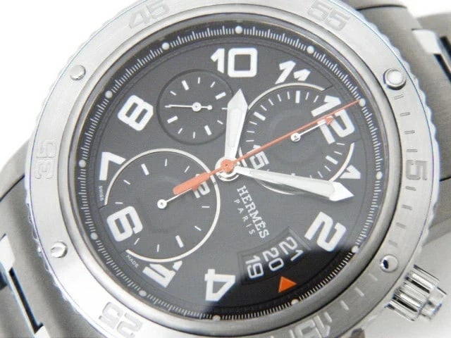 HERMES CLIPPER DIVER CHRONOGRAPH AUTOMATIC WATCH: HERMES Clipper Diver Chronograph Automatic Watch Brand: HERMES Type: Wristwatch Material: titanium ss Color: Dial color black Size: Bezel approx. 44mm Arm circumference approx. 19cm Accessories: N