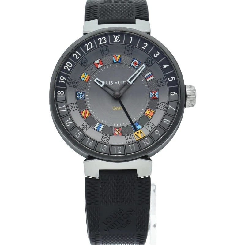 LOUIS VUITTON TAMBOUR MOON DUAL TIME GMT WATCH GRAY WATCH: Louis Vuitton Tambour Moon Dual Time GMT Watch Gray Watch Brand: CHANEL Type: Wristwatch Material: rubber ss Color: Dial color gray Size: Case diameter (H) approx. 44mm Case diameter (W) approx. 44mm