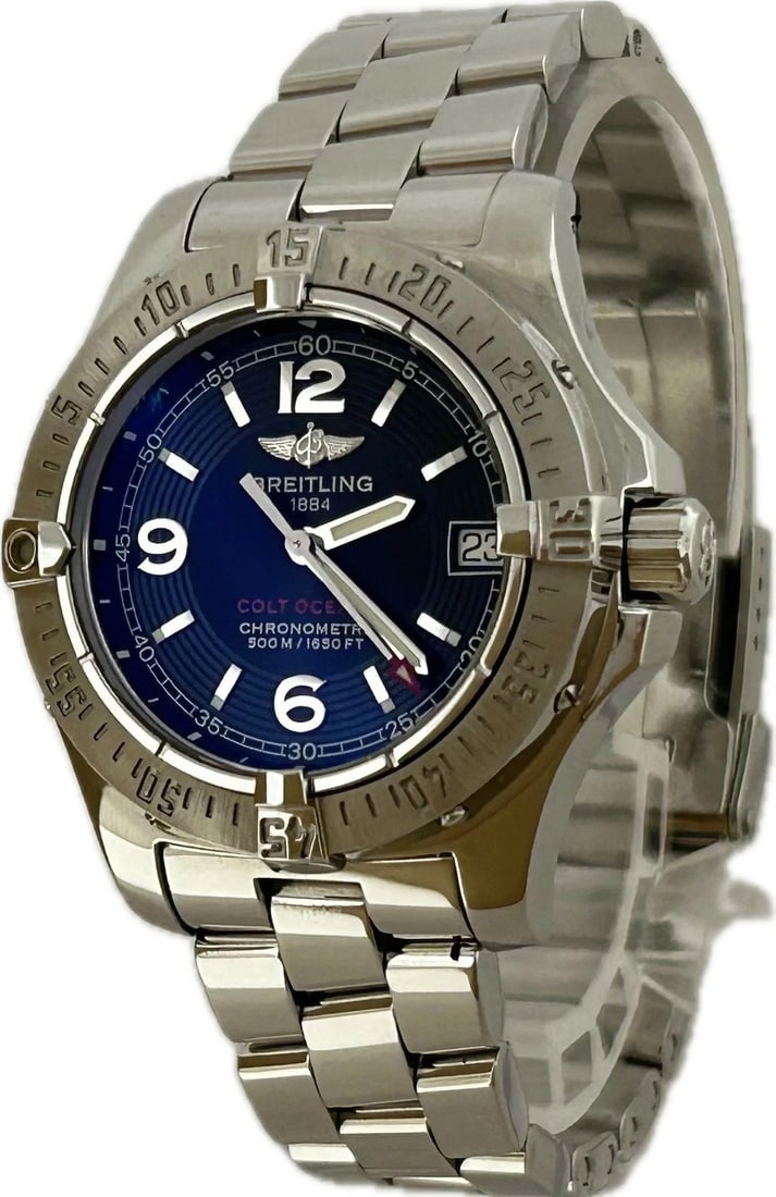 BREITLING COLT OCEAN QUARTZ WATCH: Breitling Colt Ocean Quartz Watch Brand: BREITLING Type: Wristwatch Material: Stainless Steel Color: Dial color blue Size: -Case size (w) 33mm -Arm circumference size approx. 16cm Accessories: Non