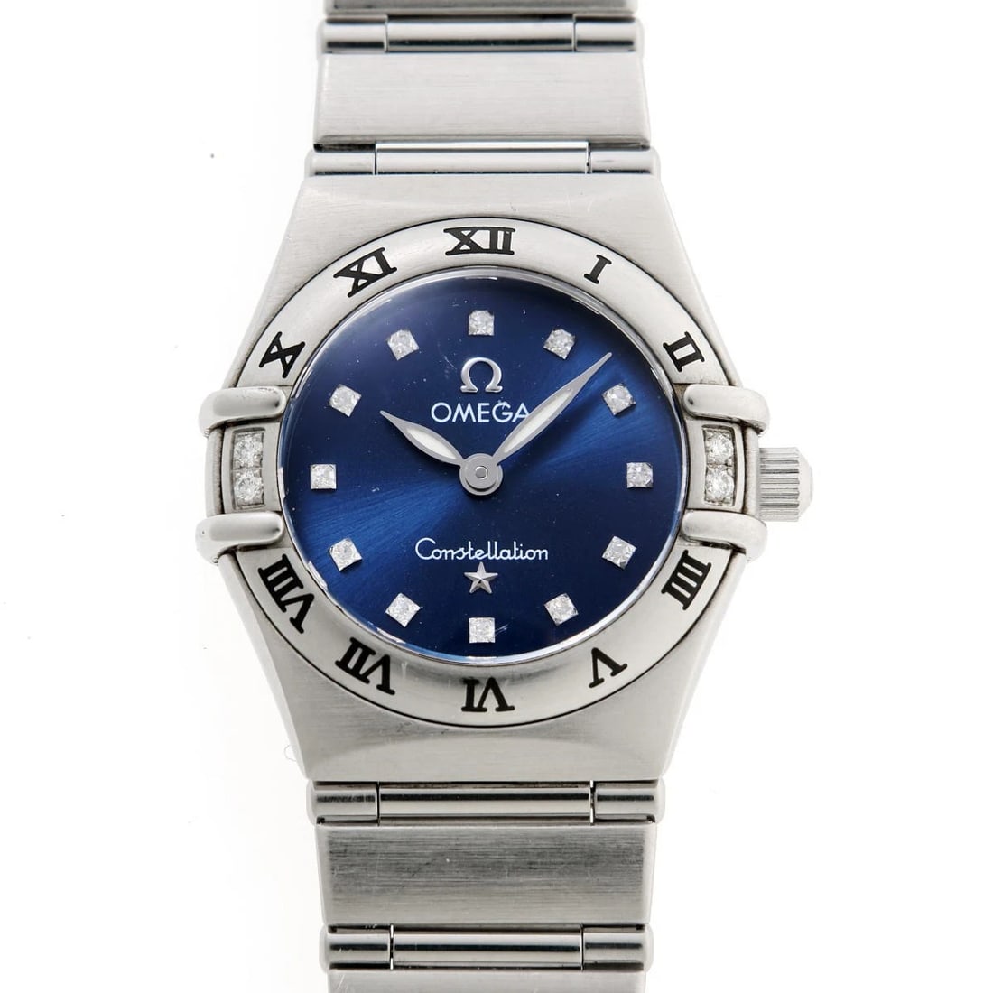 OMEGA CONSTELLATION MINI DIAMOND QUARTZ BLUE DIAL WATCH: OMEGA Constellation Mini Diamond Quartz Blue Dial Watch Brand: OMEGA Type: Wristwatch Material: Stainless Steel Color: Dial color gray Size: Case size: Approximately 26mm Arm circumference: