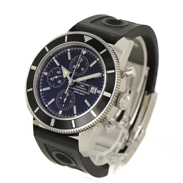 BREITLING SUPER OCEAN HERITAGE CHRONOGRAPH WATCH BLACK: BREITLING Super Ocean Heritage Chronograph Watch Black Brand: BREITLING Type: Wristwatch Material: Stainless Steel Color: Dial color black Size: Case size (excluding crown): Approx. 46mm -Arm