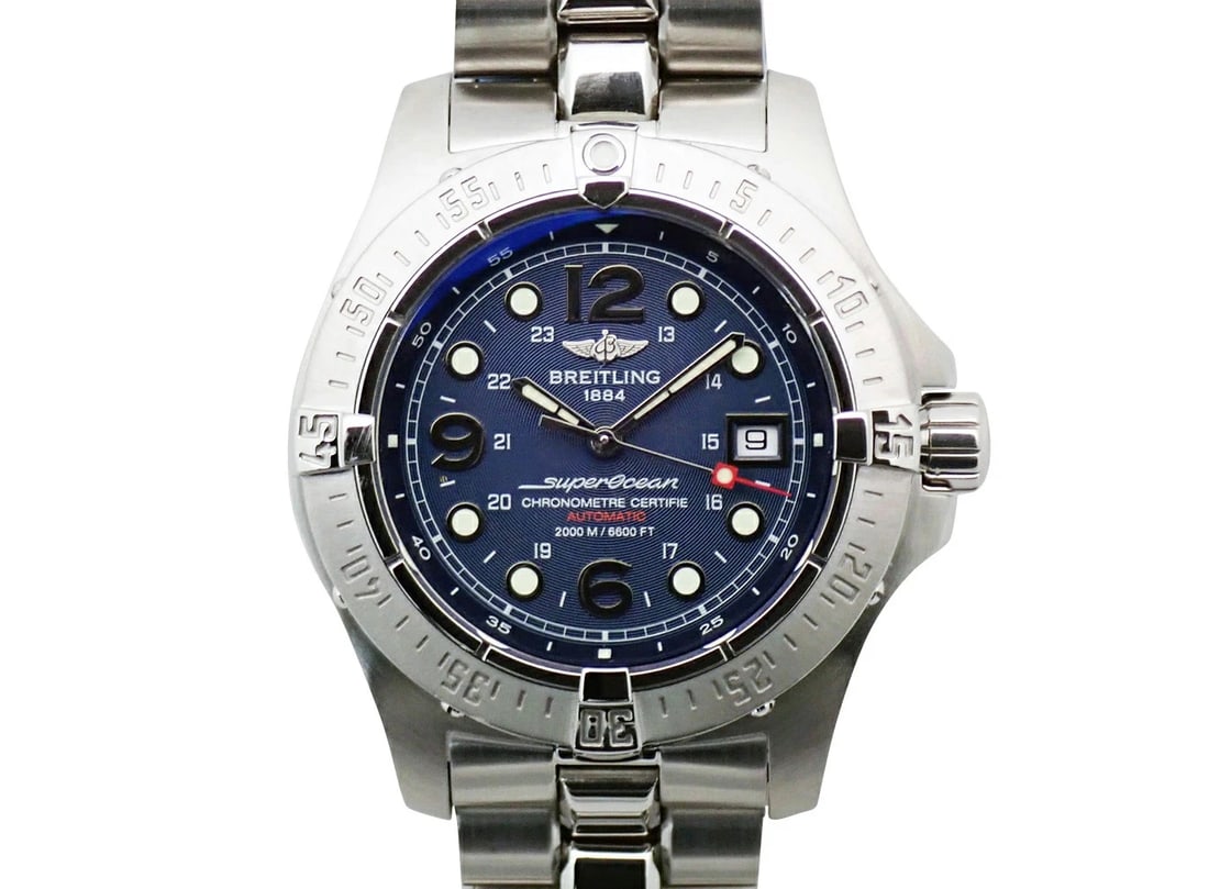 BREITLING SUPER OCEAN STEELFISH WATCH: Breitling Super Ocean Steelfish Watch Brand: BREITLING Type: Wristwatch Material: Stainless Steel Color: Dial color blue Size: Case Diameter: 44 mm Accessories: None Accessories Notice: When