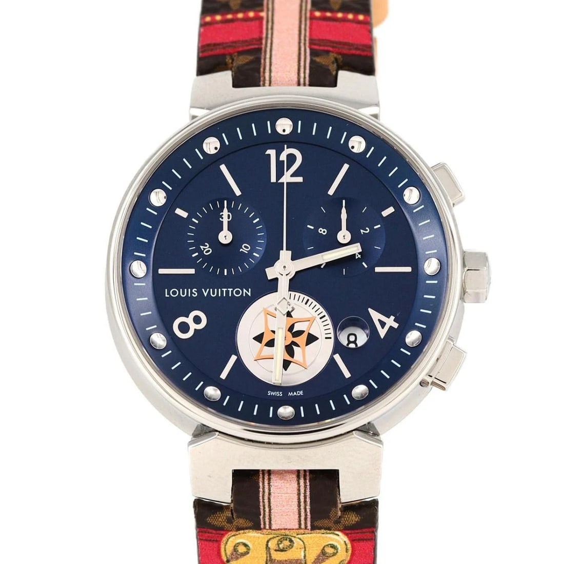 LOUIS VUITTON TAMBOUR MOONSTAR CHRONO QUARTZ WATCH: Louis Vuitton Tambour Moonstar Chrono Quartz Watch Brand: LOUIS VUITTON Type: Wristwatch Material: Stainless Steel Color: Dial color blue Size: Size: Case diameter approx.: 35mm Accessories: None