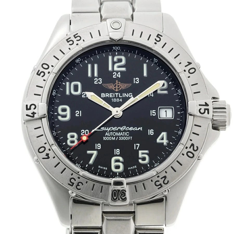 BREITLING SUPER OCEAN AUTOMATIC WINDING WATCH: Breitling Super Ocean Automatic Winding Watch Brand: BREITLING Type: Wristwatch Material: Stainless Steel Color: Dial color black Size: Width 40.0mm (including 43.0mm crown guard) Height 47.0mm Lug 20