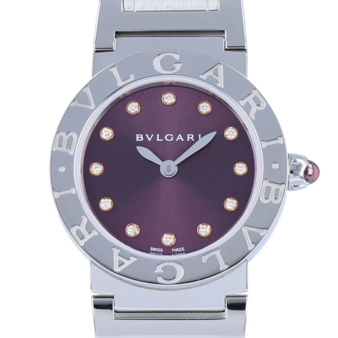 BVLGARI QUARTZ WATCH PURPLE: BVLGARI Quartz Watch Purple Brand: BVLGARI Type: Wristwatch Material: Stainless Steel Color: Dial color purple Size: case: approx. 26mm Arm circumference: approx. 16cm Accessories: None Ac