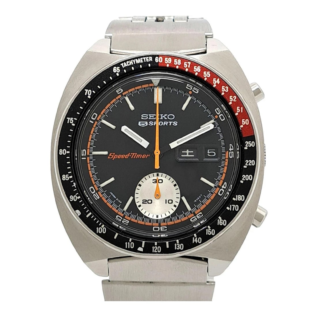 SEIKO 5 SPORTS SPEEDTIMER AUTOMATIC STAINLESS STEEL WATCH: Seiko 5 Sports Speedtimer Automatic Stainless Steel Watch Brand: SEIKO Type: Wristwatch Material: Stainless Steel Color: Dial color black Size: Case size approximately 41mm Arm circumference approx.