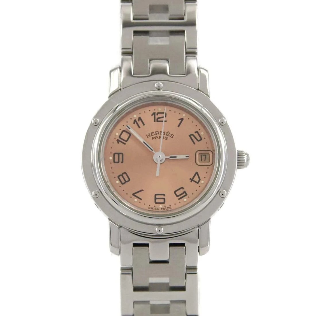 HERMES CLIPPER QUARTZ STAINLESS STEEL PINK DIAL WATCH: Hermes Clipper Quartz Stainless Steel Pink Dial Watch Brand: HERMES Type: Wristwatch Material: Stainless Steel Color: Dial color pink Size: Case diameter: 24mm Maximum arm circumference: 16cm Acce