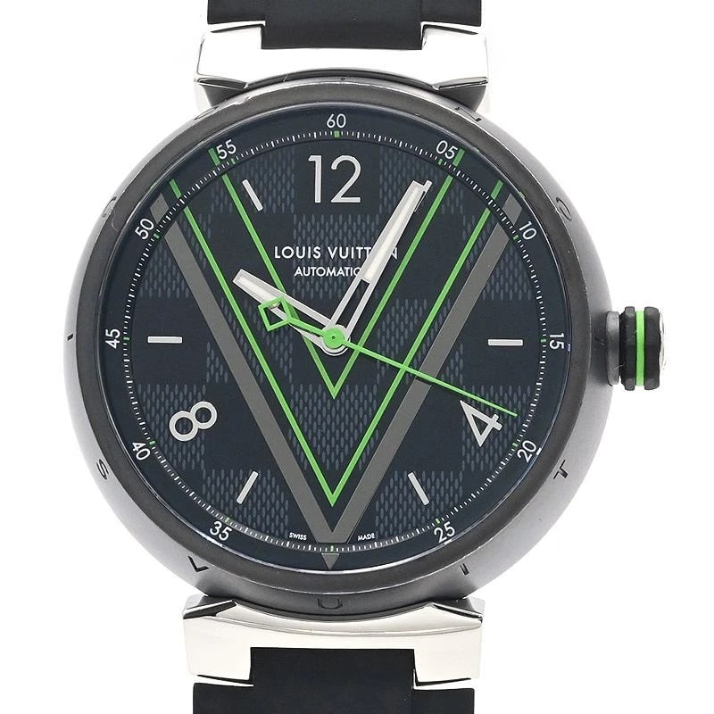 LOUIS VUITTON TAMBOUR AUTOMATIC DAMIER GRAPHITE BLACK WATCH: Louis Vuitton Tambour Automatic Damier Graphite Black Watch Brand: LOUIS VUITTON Type: Wristwatch Material: rubber ss Color: Dial color black Size: Case size 41.5mm (excluding crown) Accessories:
