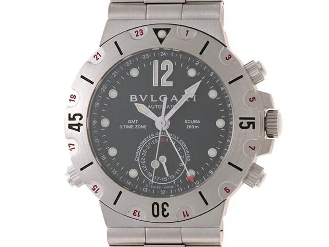 BVLGARI DIAGONO GMT STAINLESS STEEL BLACK WATCH: BVLGARI Diagono GMT Stainless Steel Black Watch Brand: BVLGARI Type: Wristwatch Material: Stainless Steel Color: Dial color black Size: case: approx. 38mm Arm circumference: approx. 15cm Accessories: