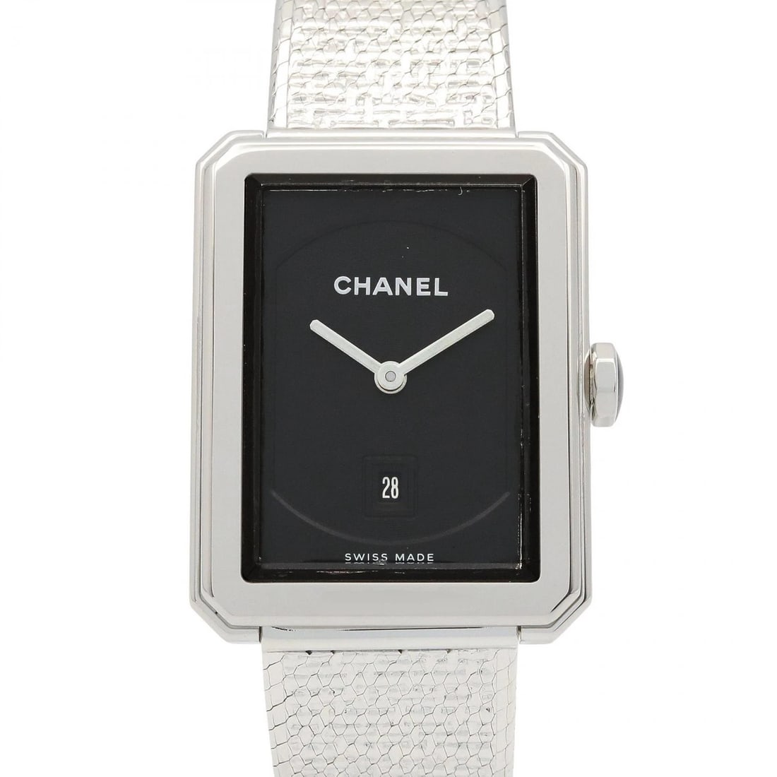 CHANEL BOYFRIEND TWEED WATCH STAINLESS STEEL BLACK: CHANEL Boyfriend Tweed Watch Stainless Steel Black Brand: CHANEL Type: Wristwatch Material: Stainless Steel Color: Dial color black Size: Case size: Height approx. 34.5mm x Width approx. 26.5mm