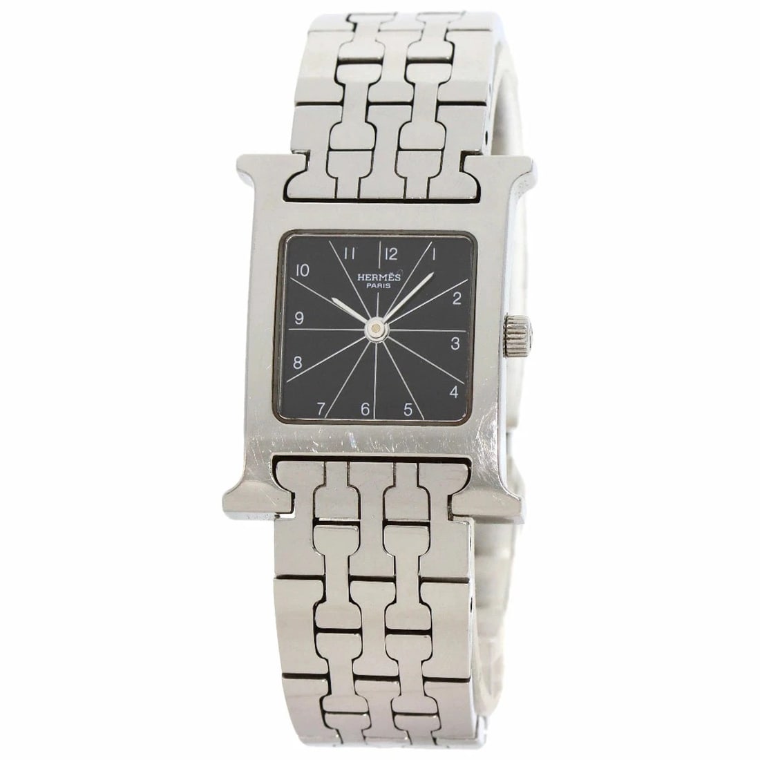 HERMES WATCH STAINLESS STEEL: Hermes Watch Stainless Steel Brand: HERMES Type: Wristwatch Material: Stainless Steel Color: Dial color black Size: Case length/approx. 21mm Accessories: None Accessories Notice: When purc