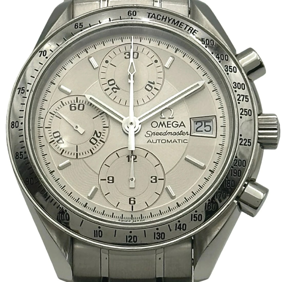 OMEGA SPEEDMASTER DATE SILVER AUTOMATIC WATCH: OMEGA Speedmaster Date Silver Automatic Watch Brand: OMEGA Type: Wristwatch Material: Stainless Steel Color: Dial color silver Size: Arm circumference: approx. 19.5cm Case approx. 39mm Accessories