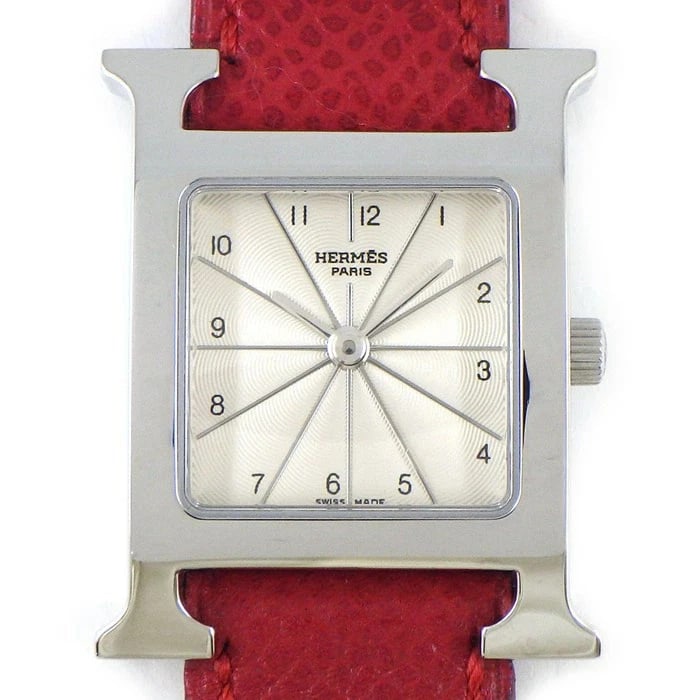 HERMES WATCH SQUARE WHITE GUILLOCHE DIAL RED LEATHER STRAP STAINLESS STEEL: Hermes Watch Square White Guilloche Dial Red Leather Strap Stainless Steel Brand: HERMES Type: Wristwatch Material: ss leather Color: Dial color white Size: Case size Approx. Width 30.0mm Height 24.5m