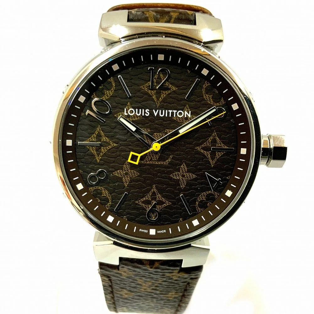 LOUIS VUITTON TAMBOUR QUARTZ WATCH STAINLESS STEEL LEATHER BELT MONOGRAM: LOUIS VUITTON Tambour Quartz Watch Stainless Steel Leather Belt Monogram Brand: LOUIS VUITTON Type: Wristwatch Material: SS Leather Color: Dial color monogram Size: Case width: approx. 39mmArm circumf