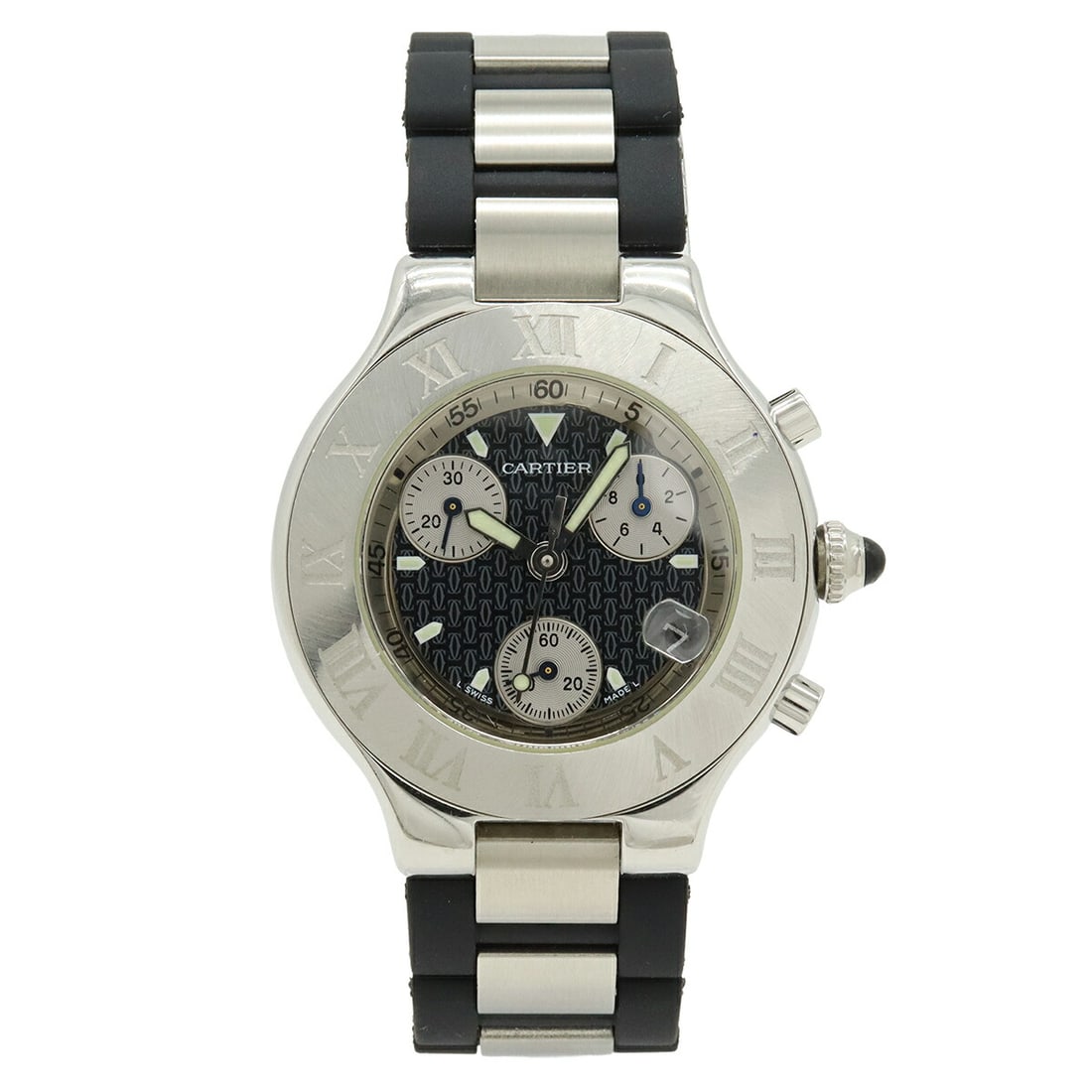 CARTIER MUST CHRONOSCAPH CHRONOGRAPH STAINLESS STEEL RUBBER WATCH: Cartier Must Chronoscaph Chronograph Stainless Steel Rubber Watch Brand: Cartier Type: Wristwatch Material: SS/Rubber belt (external) Color: Dial color black Size: case size W38mm (excluding crown) H4