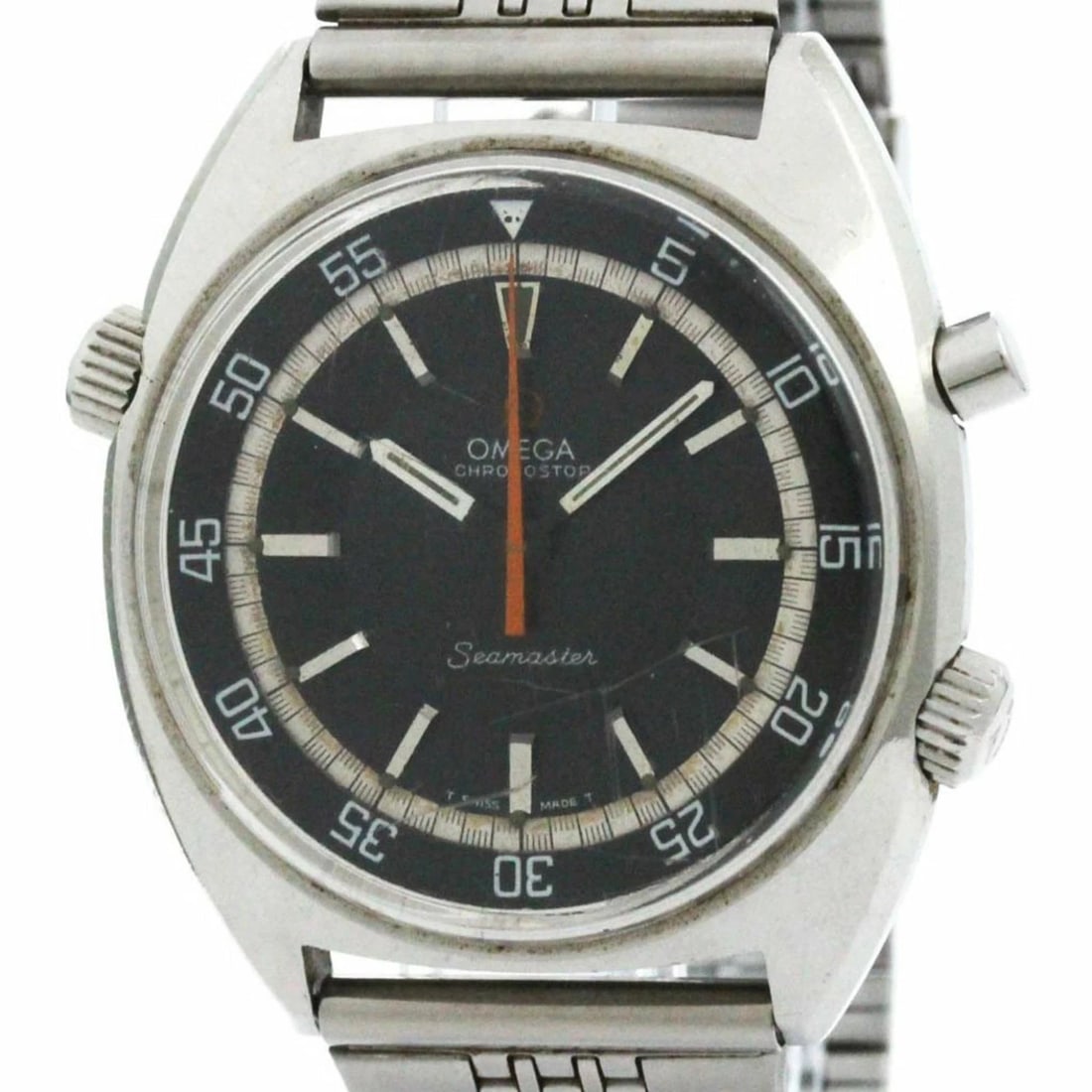 OMEGA SEAMASTER CHRONOSTOP STAINLESS STEEL WATCH: OMEGA Seamaster Chronostop Stainless Steel Watch Brand: OMEGA Type: Wristwatch Material: Stainless Steel Color: Dial color black Size: [Case width]: 41mm / 1.61'' Accessories: None Accesso