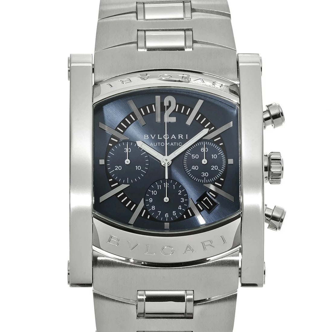 BVLGARI ASHOMA CHRONOGRAPH BLUE WATCH: BVLGARI Ashoma Chronograph Blue Watch Brand: BVLGARI Type: Wristwatch Material: Stainless Steel Color: Dial color blue Size: Case length/approx. 48mm width/approx. 38mm Lug width 28mm Arm circumferenc