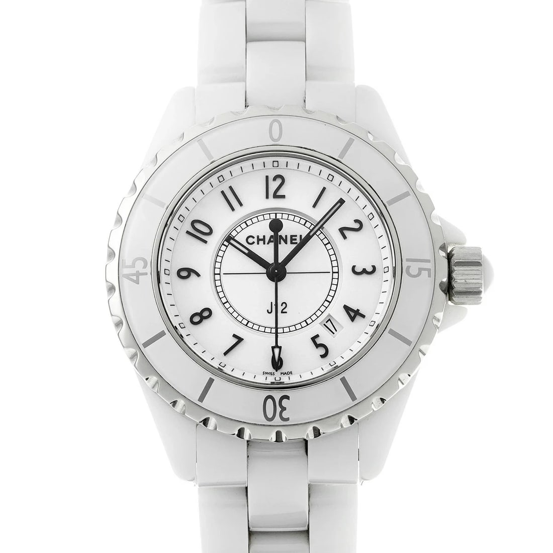 CHANEL J12 WHITE WATCH: CHANEL J12 White Watch Brand: CHANEL Type: Wristwatch Material: ceremic Color: Dial color white Size: Case length/approx. 33mm width/approx. 33mm Accessories: None Accessories Notice: When