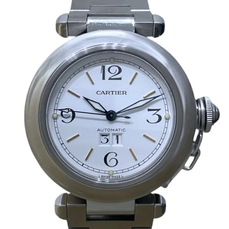 CARTIER PASHA BIG DATE WHITE STAINLESS STEEL WATCH: Cartier Pasha Big Date White Stainless Steel Watch Brand: Cartier Type: Wristwatch Material: Stainless Steel Color: Dial color white Size: Arm circumference approx. 16cm Case approx. 35mm Accessor