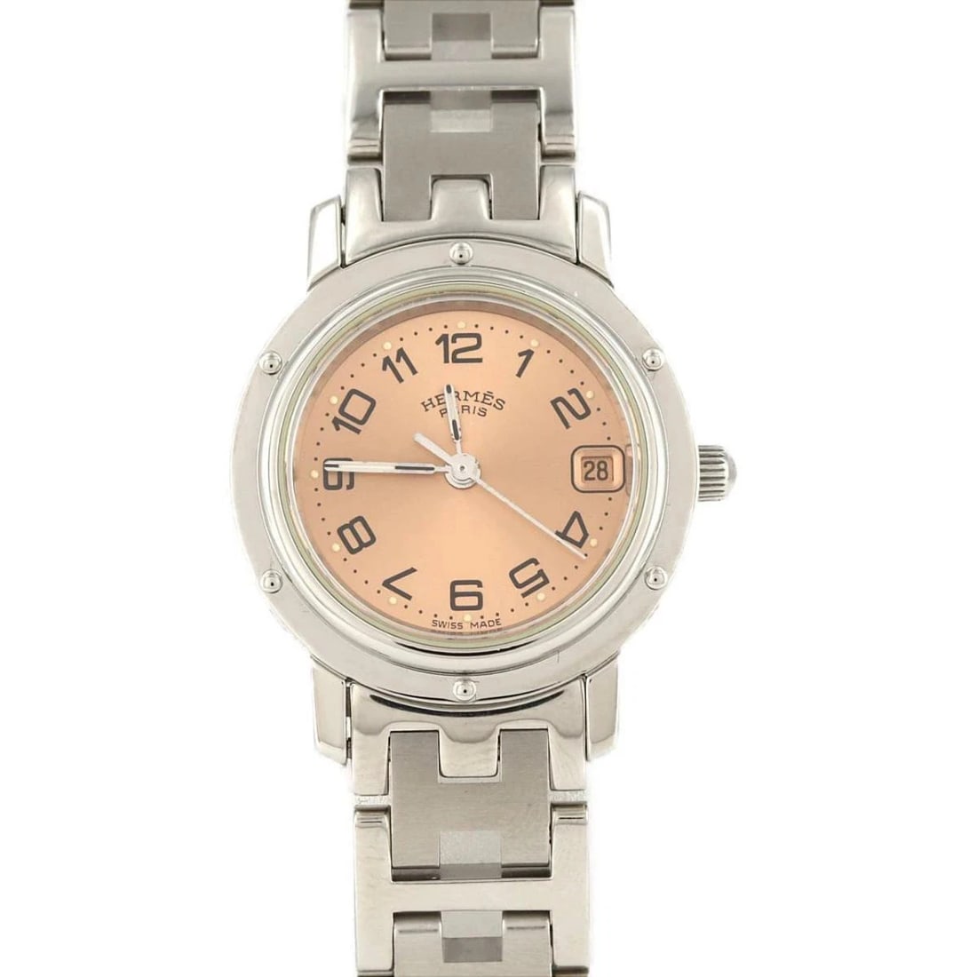 HERMES CLIPPER QUARTZ WRIST WATCH PINK DIAL STAINLESS STEEL: Hermes Clipper Quartz Wrist Watch Pink Dial Stainless Steel Brand: HERMES Type: Wristwatch Material: Stainless Steel Color: Dial color pink Size: Case diameter: 24mm Maximum arm circumference: 17cm