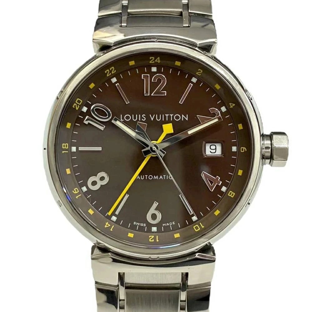 LOUIS VUITTON TAMBOUR GMT BROWN WATCH STAINLESS STEEL: Louis Vuitton Tambour GMT Brown Watch Stainless Steel Brand: LOUIS VUITTON Type: Wristwatch Material: Stainless Steel Color: Dial color brown Size: Case size: 39mm (excluding crown) Arm