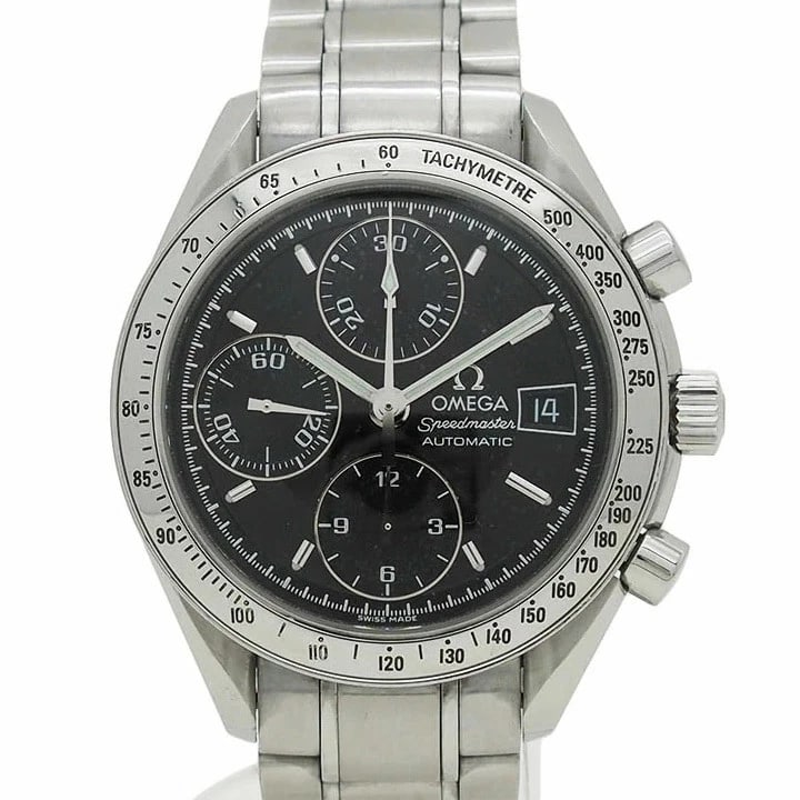 OMEGA SPEEDMASTER AUTOMATIC DATE WATCH CHRONOGRAPH: Omega Speedmaster Automatic Date Watch Chronograph Brand: OMEGA Type: Wristwatch Material: Stainless Steel Color: Dial color black Size: Case Diameter: 39 mm Accessories: None Accessories
