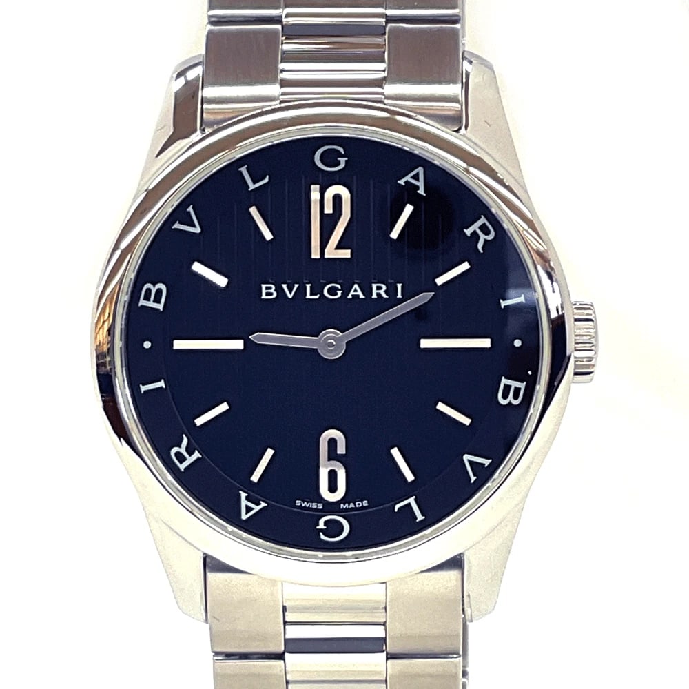 BVLGARI SOLOTEMPO QUARTZ BLACK DIAL WATCH STAINLESS STEEL: BVLGARI Solotempo Quartz Black Dial Watch Stainless Steel Brand: BVLGARI Type: Wristwatch Material: Stainless Steel Color: Dial color silver Size: Case: Approx. 37mm W Wrist Size: Approx. 18.5cm