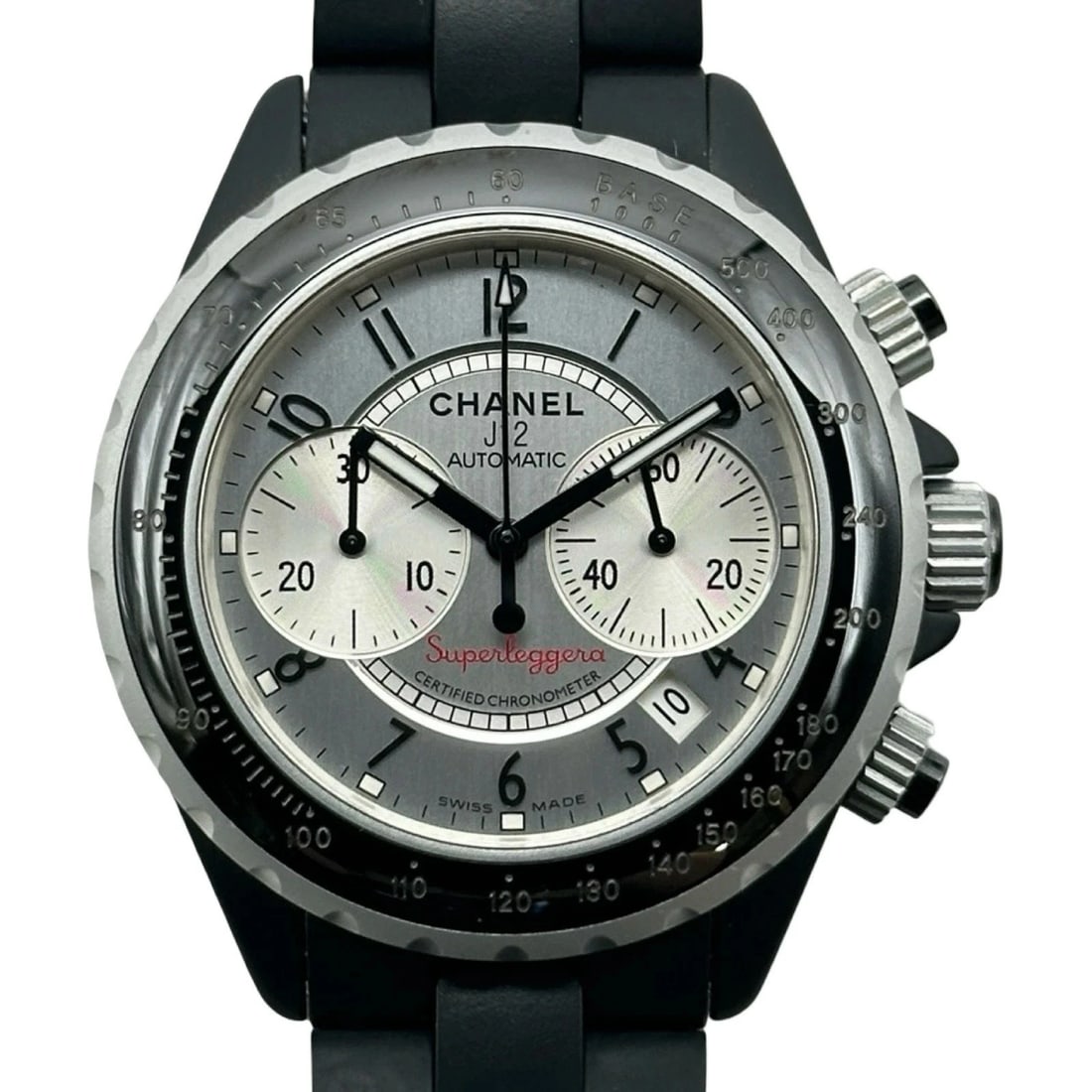 CHANEL J12 CHRONOGRAPH SUPERLEGGERA BLACK AUTOMATIC WATCH: CHANEL J12 Chronograph Superleggera Black Automatic Watch Brand: CHANEL Type: Wristwatch Material: aluminum/ceramic Color: Dial color black Size: Arm circumference approx. 18cm Case approx. 41mm