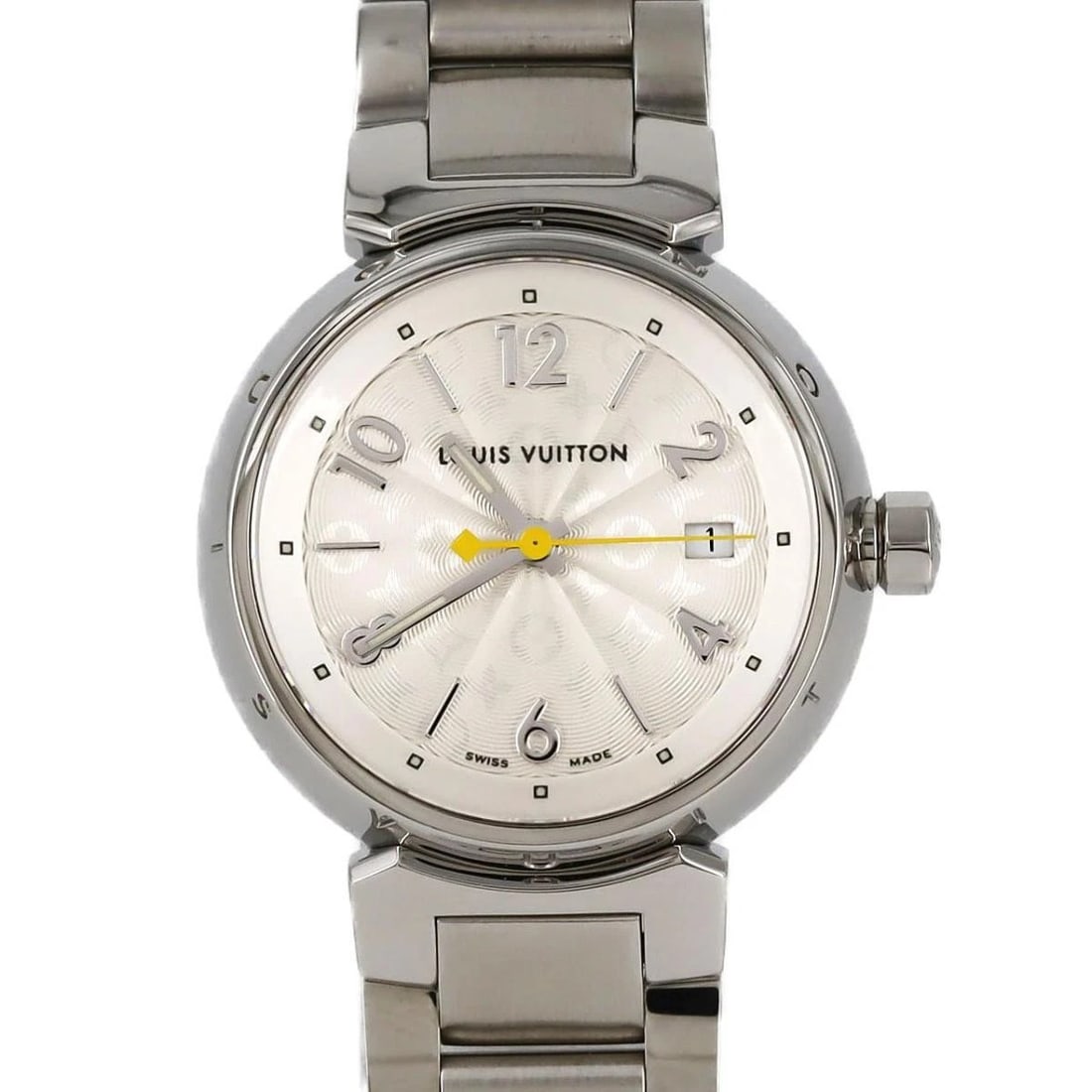 LOUIS VUITTON TAMBOUR STAINLESS STEEL QUARTZ WATCH: Louis Vuitton Tambour Stainless Steel Quartz Watch Brand: Louis Vuitton Type: Wristwatch Material: Stainless Steel Color: Dial color silver Size: case size 28mm Accessories: None Accessories Notice: