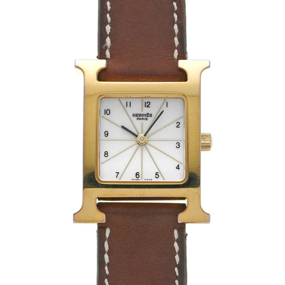 HERMES WATCH DOUBLE TOUR WHITE QUARTZ: Hermes Watch Double Tour White Quartz Brand: HERMES Type: Wristwatch Material: Yellow gold plated/stainless steel Color: Dial color yellow gold plated Belt:Leather/Brown Size: Case width: approx.