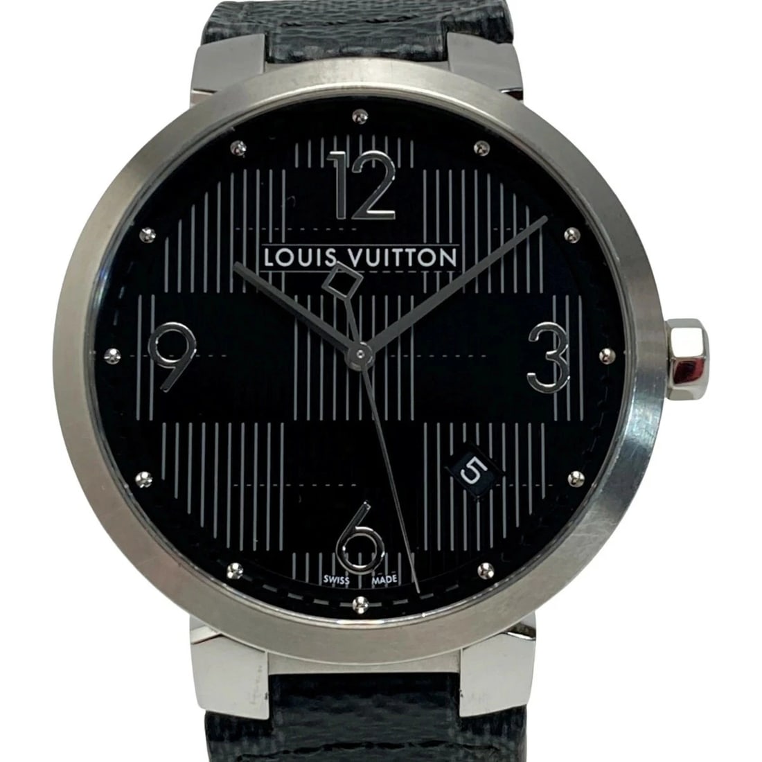 LOUIS VUITTON TAMBOUR DAMIER GRAPHITE DATE BLACK QUARTZ WATCH: LOUIS VUITTON Tambour Damier Graphite Date Black Quartz Watch Brand: LOUIS VUITTON Type: Wristwatch Material: Stainless Steel Color: Dial color silver Size: Case side: approx. 42 Arm circumference: