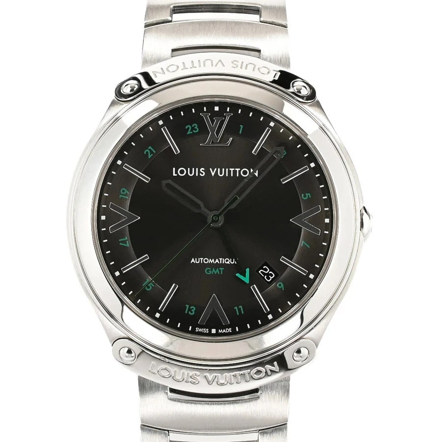 LOUIS VUITTON FIFTY FIVE GMT WATCH GRAY AUTOMATIC: Louis Vuitton Fifty Five GMT Watch Gray Automatic Brand: LOUIS VUITTON Type: Wristwatch Material: Stainless Steel Color: Dial color black Size: Case: Approximately 41mm (actual size) Bracelet inner di