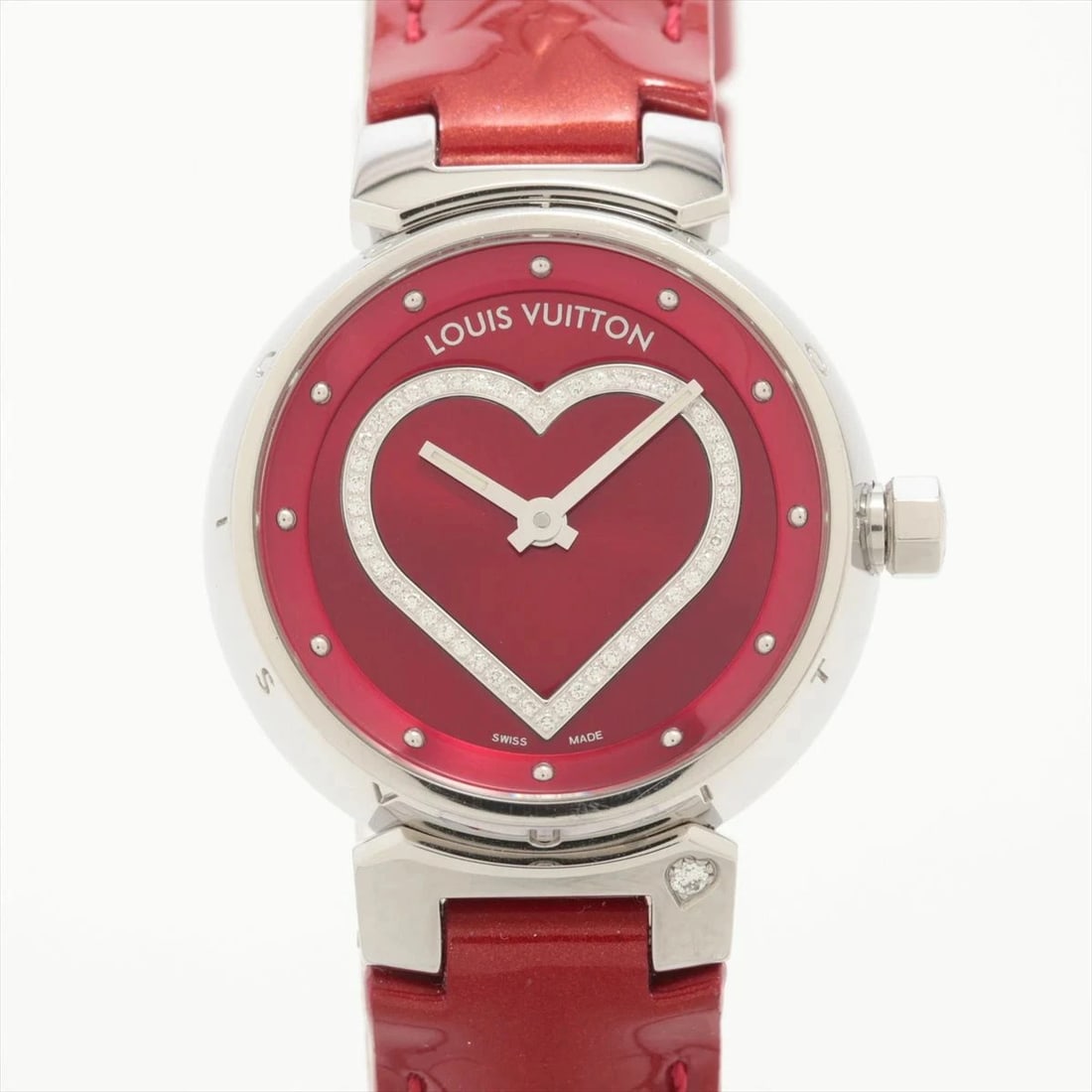LOUIS VUITTON TAMBOUR QUARTZ RED DIAL WATCH: Louis Vuitton Tambour Quartz Red Dial Watch Brand: LOUIS VUITTON Type: Wristwatch Material: Stainless Steel / Leather Color: Dial color Red Size: Case length: approx. 26 Case width: approx. 26 Arm