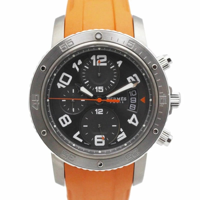 HERMES CLIPPER CHRONOGRAPH TITANIUM WATCH STAINLESS STEEL: HERMES Clipper Chronograph Titanium Watch Stainless Steel Brand: HERMES Type: Wristwatch Material: Titanium & Stainless Steel Color: Dial color Gray Size: Case size 43mm (excluding crown) Arm circumfe