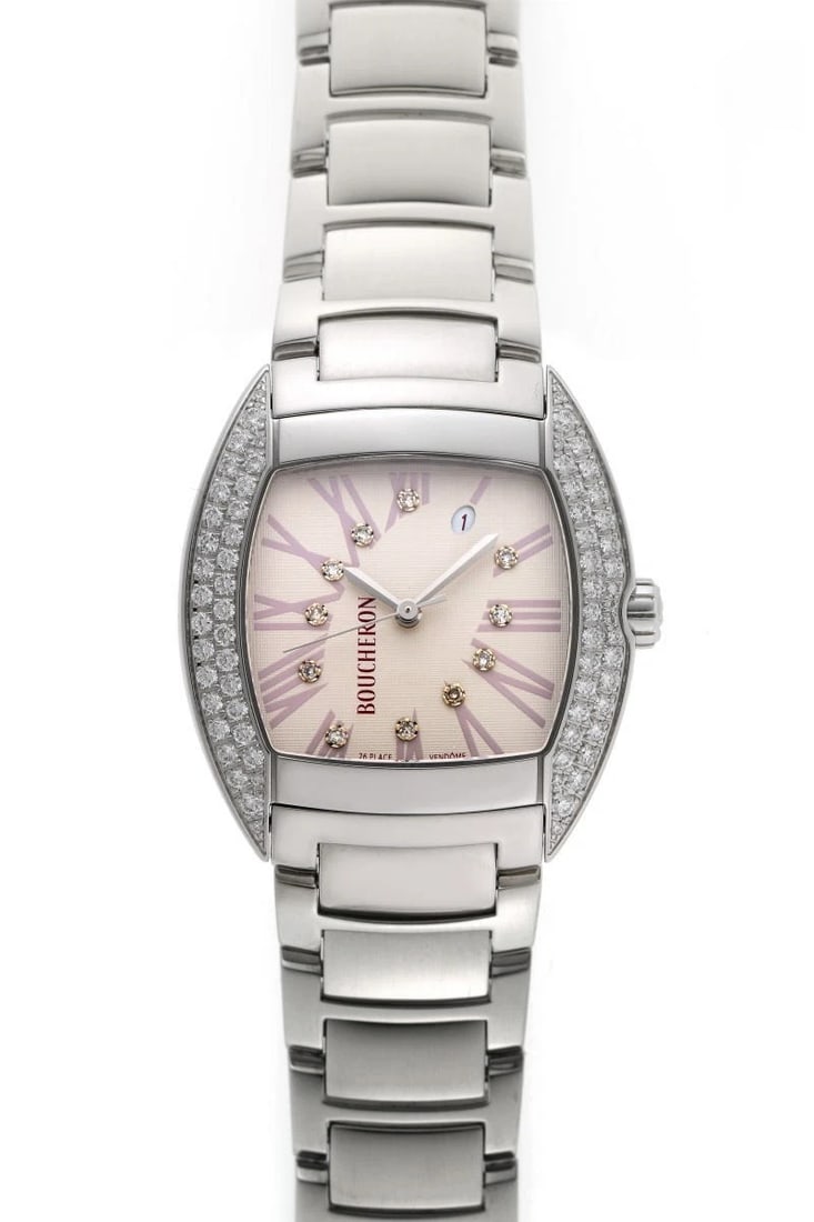 BOUCHERON MEC DIAMOND AUTOMATIC SILVER DIAL WATCH STAINLESS STEEL: BOUCHERON MEC Diamond Automatic Silver Dial Watch Stainless Steel Brand: BOUCHERON Type: Wristwatch Material: Stainless Steel / Stainless Steel Color: Dial color Silver Size: Case diameter: 32mm.